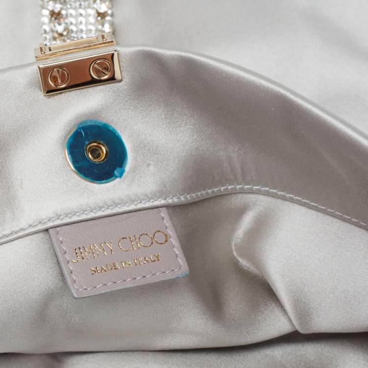 Pre Owned Jimmy Choo Silver Satin Crystal Embellished Chain Clutch