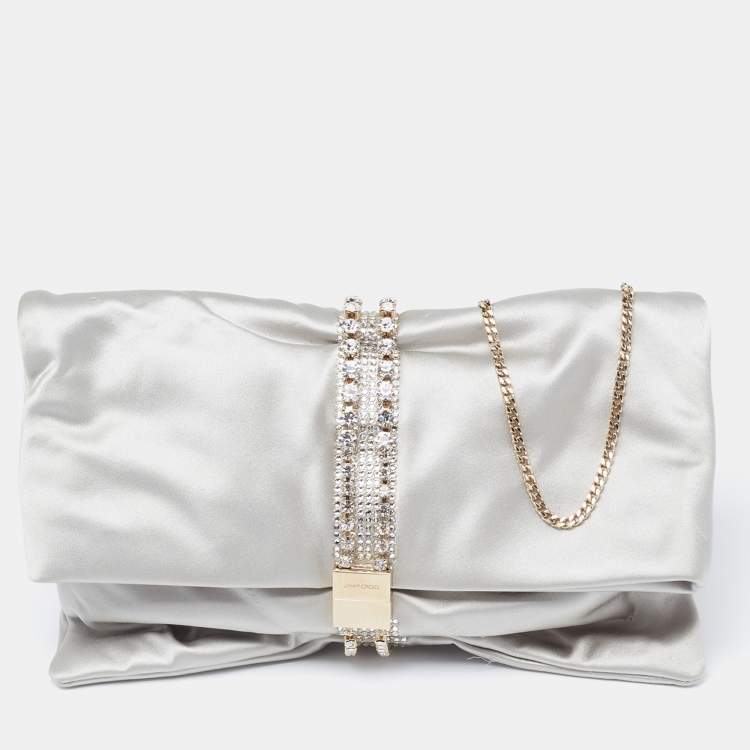Pre Owned Jimmy Choo Silver Satin Crystal Embellished Chain Clutch