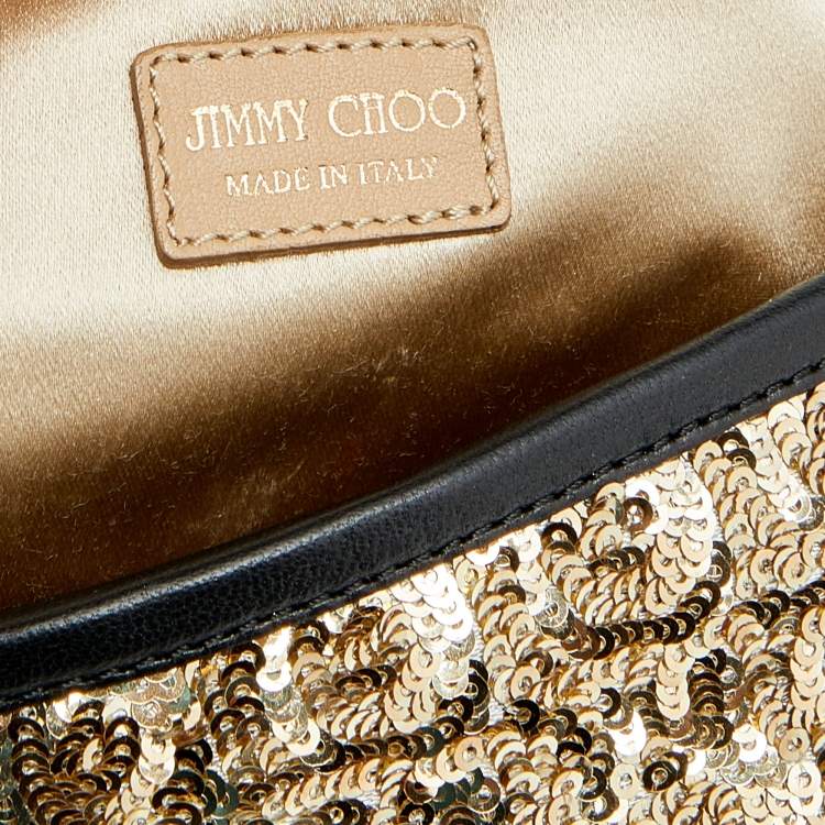 Pre Owned Jimmy Choo Gold/Black Sequin and Leather Chain Clutch
