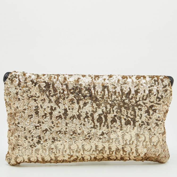 Pre Owned Jimmy Choo Gold/Black Sequin and Leather Chain Clutch