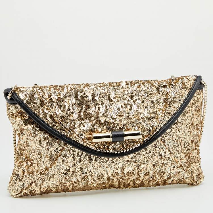 Pre Owned Jimmy Choo Gold/Black Sequin and Leather Chain Clutch