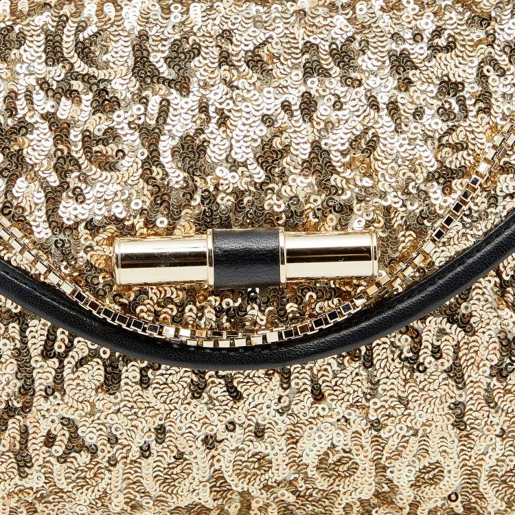 Pre Owned Jimmy Choo Gold/Black Sequin and Leather Chain Clutch