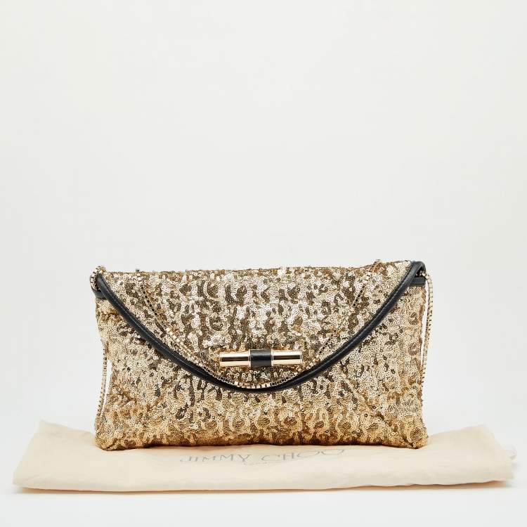 Pre Owned Jimmy Choo Gold/Black Sequin and Leather Chain Clutch