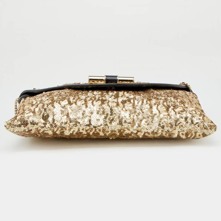 Pre Owned Jimmy Choo Gold/Black Sequin and Leather Chain Clutch