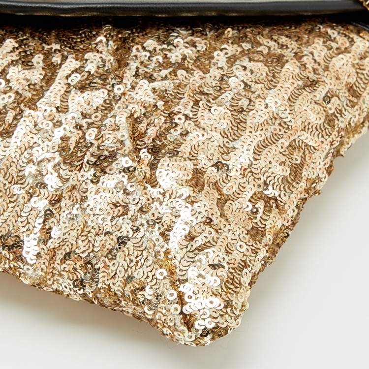 Pre Owned Jimmy Choo Gold/Black Sequin and Leather Chain Clutch