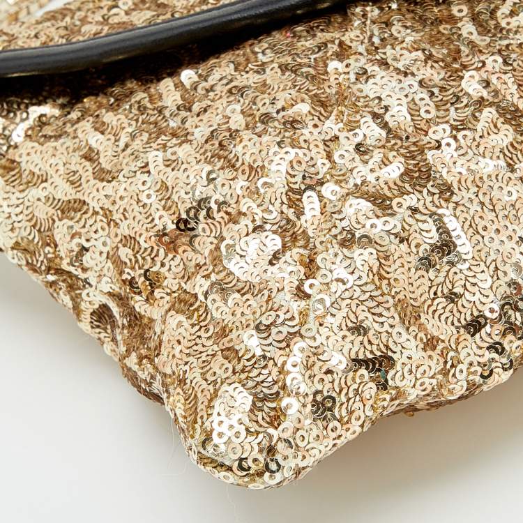 Pre Owned Jimmy Choo Gold/Black Sequin and Leather Chain Clutch