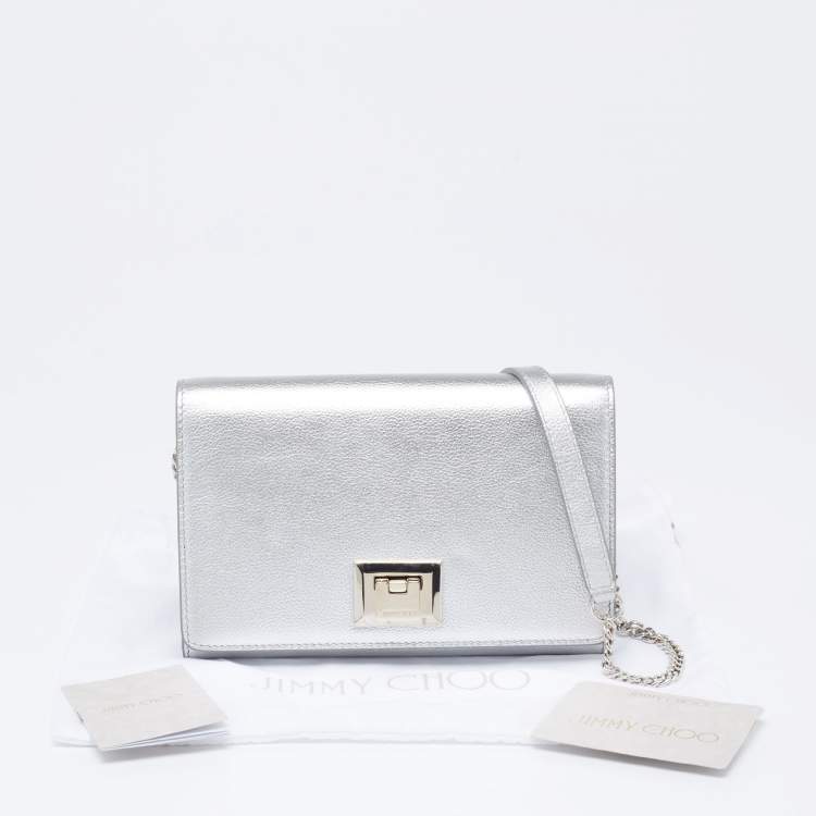 Pre Owned Jimmy Choo Metallic Silver Leather Mini Davine Chain Clutch