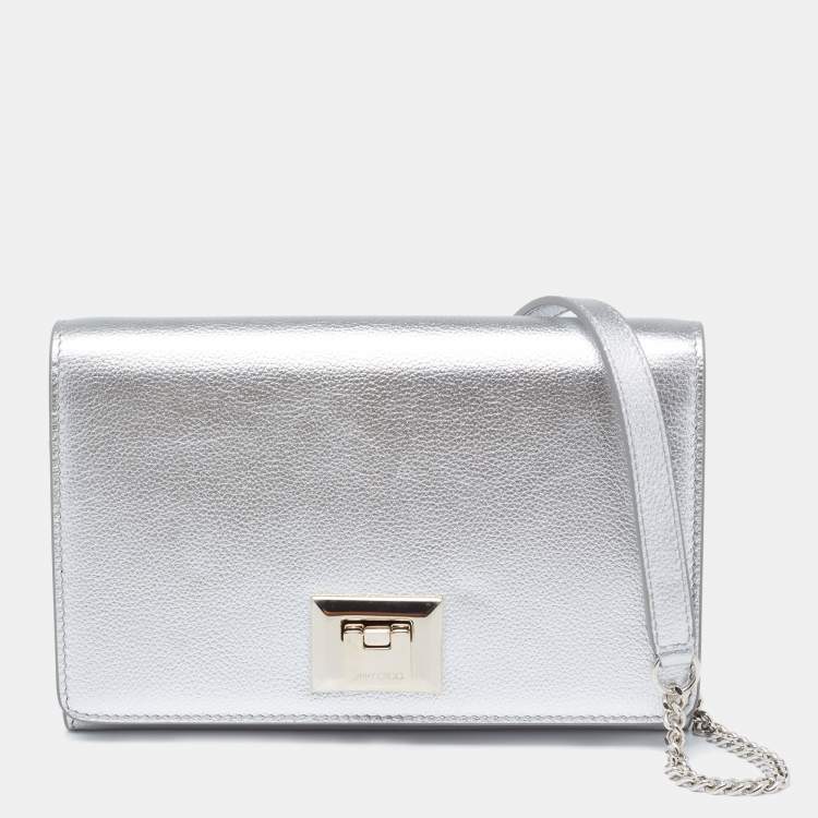 Pre Owned Jimmy Choo Metallic Silver Leather Mini Davine Chain Clutch