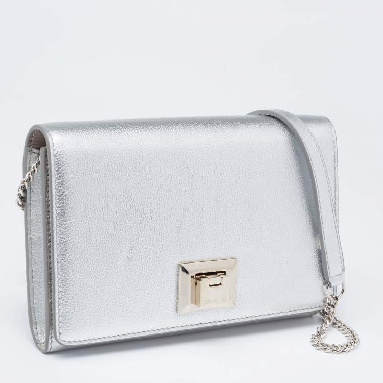 Pre Owned Jimmy Choo Metallic Silver Leather Mini Davine Chain Clutch