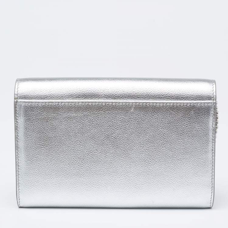 Pre Owned Jimmy Choo Metallic Silver Leather Mini Davine Chain Clutch