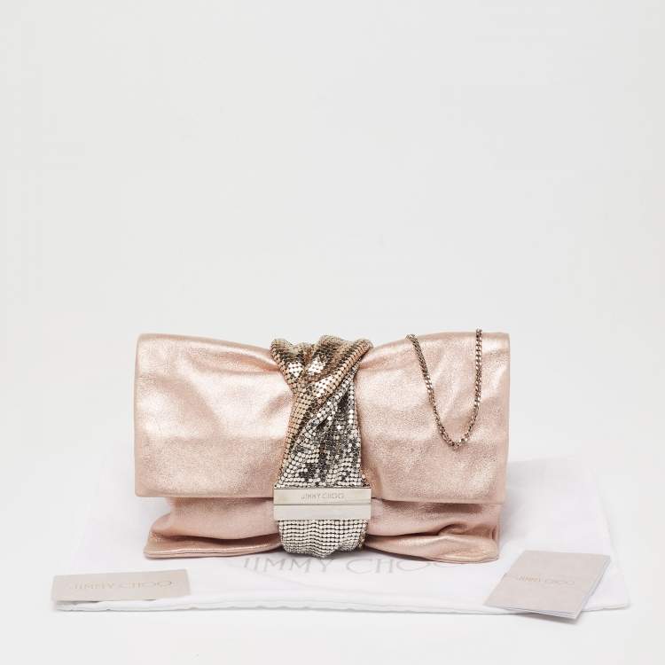 Pre Owned Jimmy Choo Metallic Rose Gold Shimmery Suede Chandra Chain Clutch