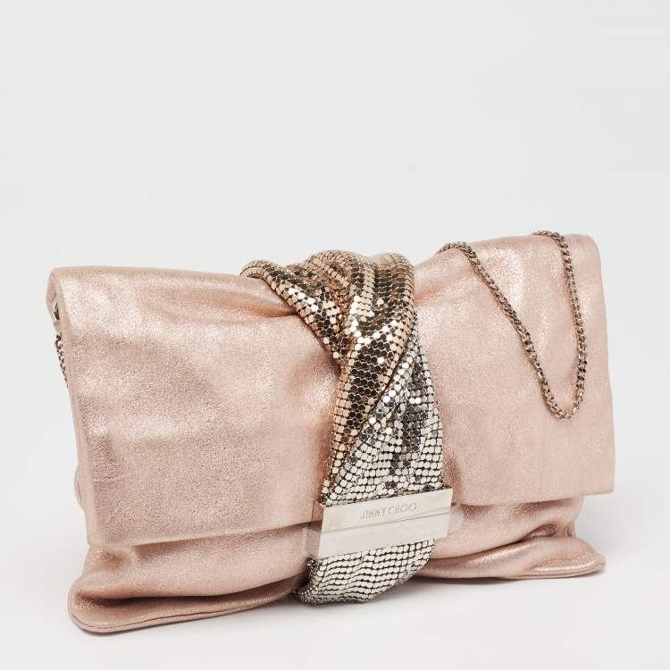 Pre Owned Jimmy Choo Metallic Rose Gold Shimmery Suede Chandra Chain Clutch