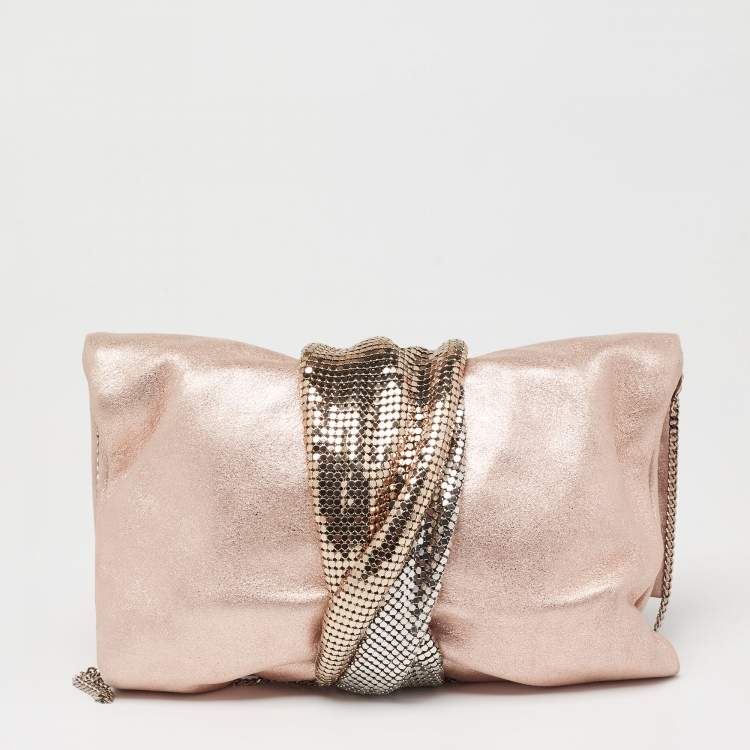Pre Owned Jimmy Choo Metallic Rose Gold Shimmery Suede Chandra Chain Clutch