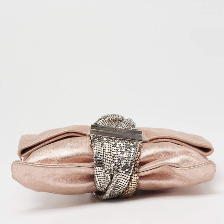 Pre Owned Jimmy Choo Metallic Rose Gold Shimmery Suede Chandra Chain Clutch