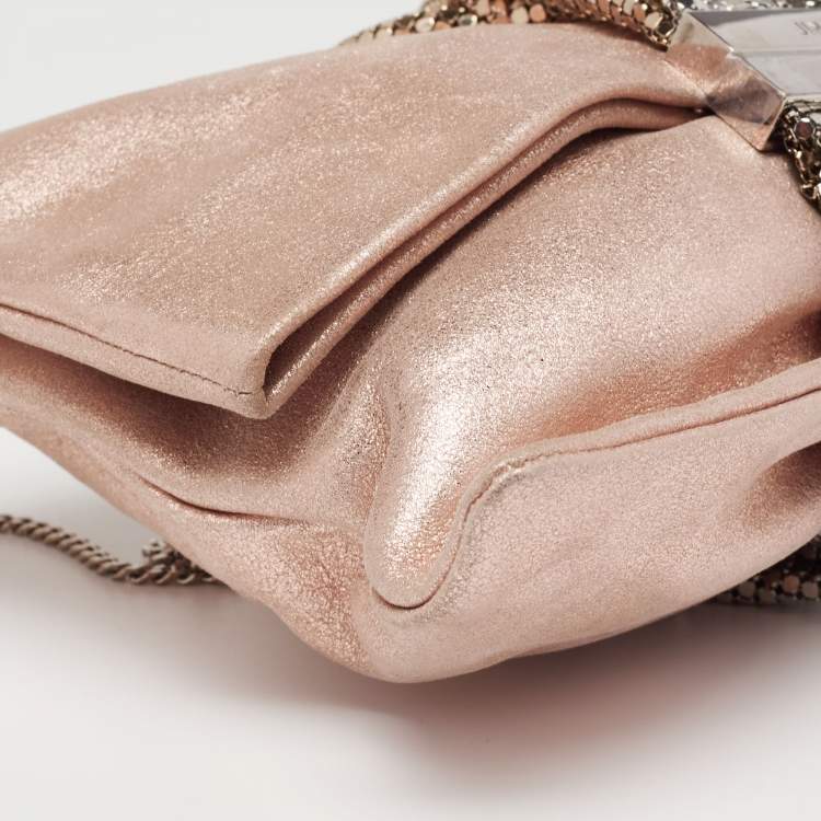 Pre Owned Jimmy Choo Metallic Rose Gold Shimmery Suede Chandra Chain Clutch