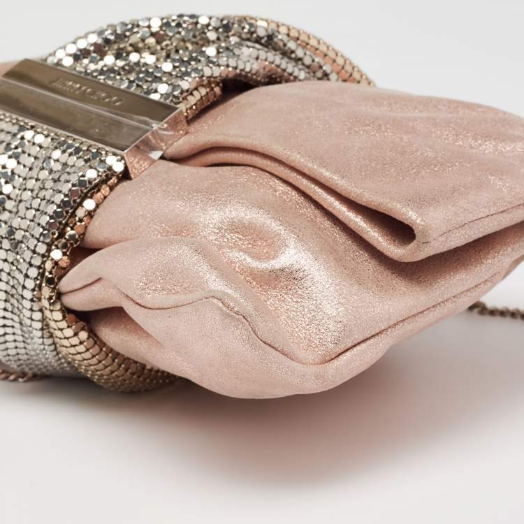 Pre Owned Jimmy Choo Metallic Rose Gold Shimmery Suede Chandra Chain Clutch