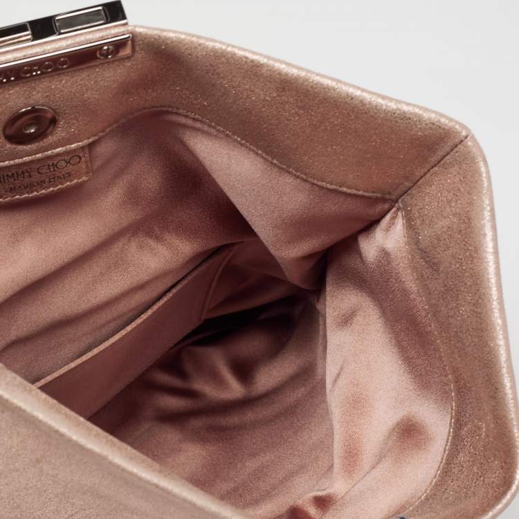 Pre Owned Jimmy Choo Metallic Rose Gold Shimmery Suede Chandra Chain Clutch