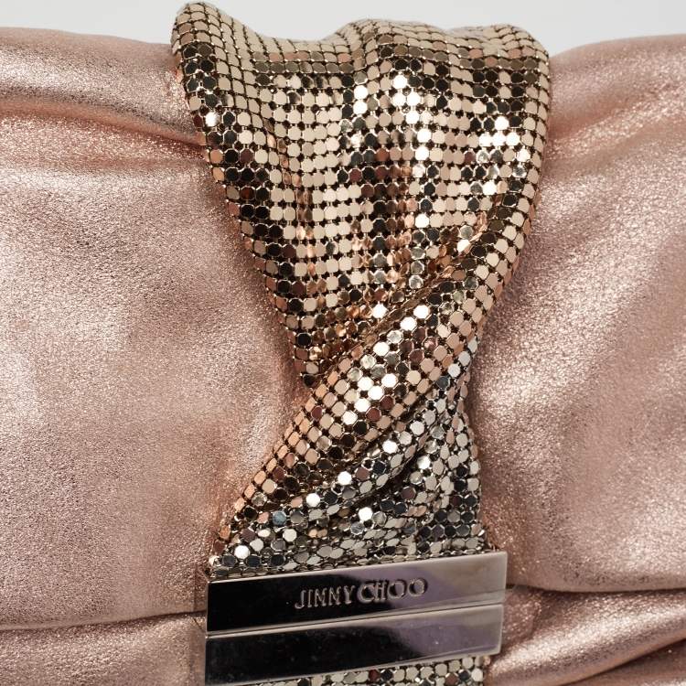 Pre Owned Jimmy Choo Metallic Rose Gold Shimmery Suede Chandra Chain Clutch