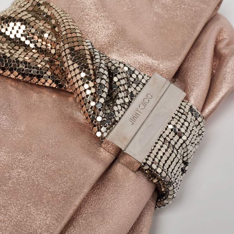Pre Owned Jimmy Choo Metallic Rose Gold Shimmery Suede Chandra Chain Clutch