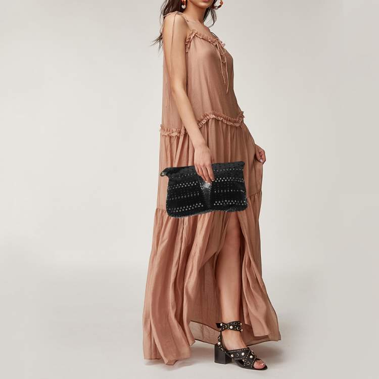 Pre Owned Jimmy Choo Black Perforated Suede and Leather Studded Clutch