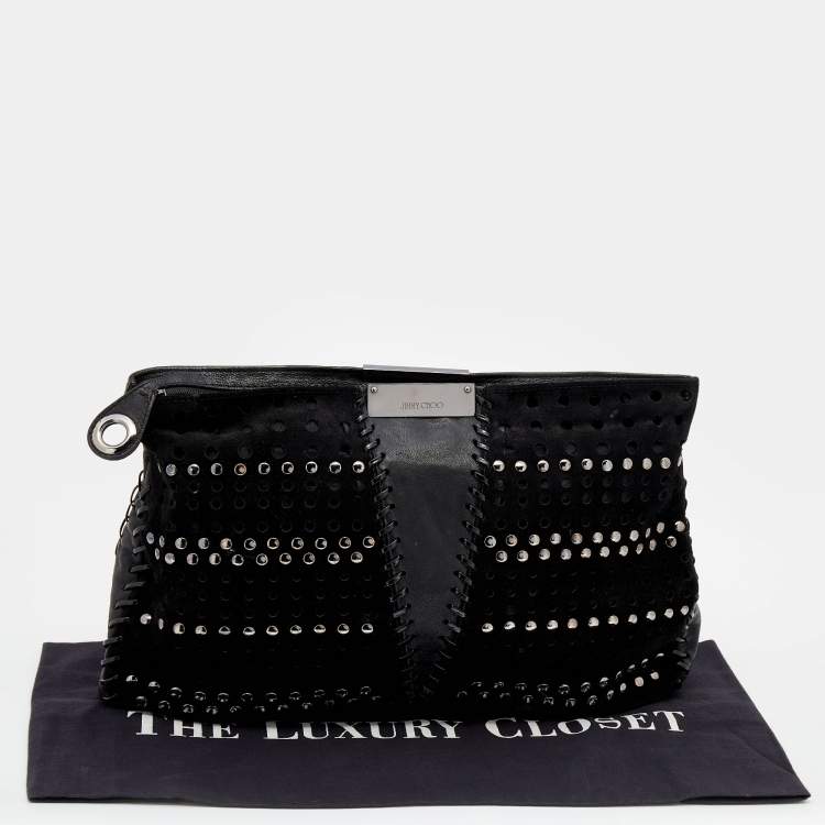 Pre Owned Jimmy Choo Black Perforated Suede and Leather Studded Clutch