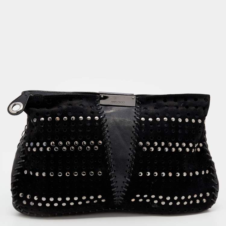 Pre Owned Jimmy Choo Black Perforated Suede and Leather Studded Clutch