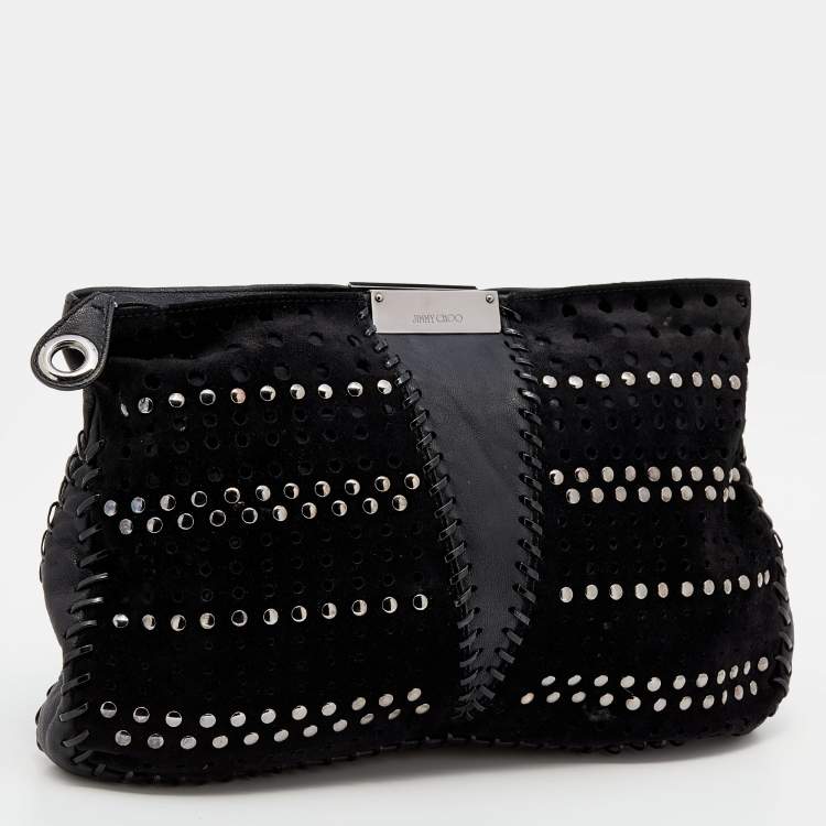 Pre Owned Jimmy Choo Black Perforated Suede and Leather Studded Clutch