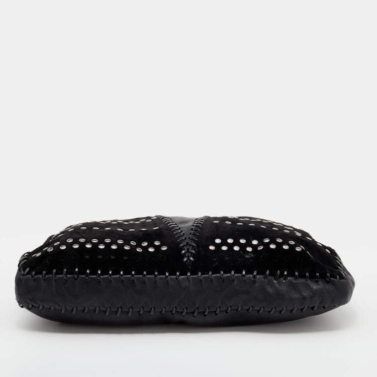 Pre Owned Jimmy Choo Black Perforated Suede and Leather Studded Clutch