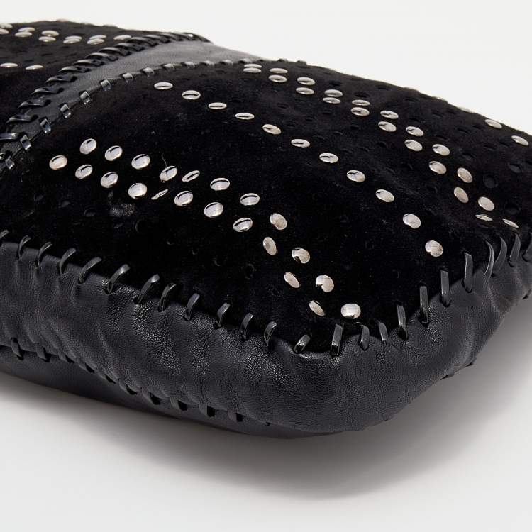 Pre Owned Jimmy Choo Black Perforated Suede and Leather Studded Clutch