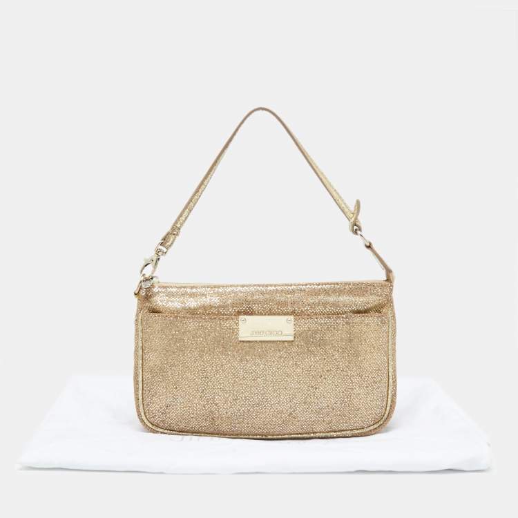 Pre Owned Jimmy Choo Gold Glitter and Mesh Zip Wristlet Clutch Bag