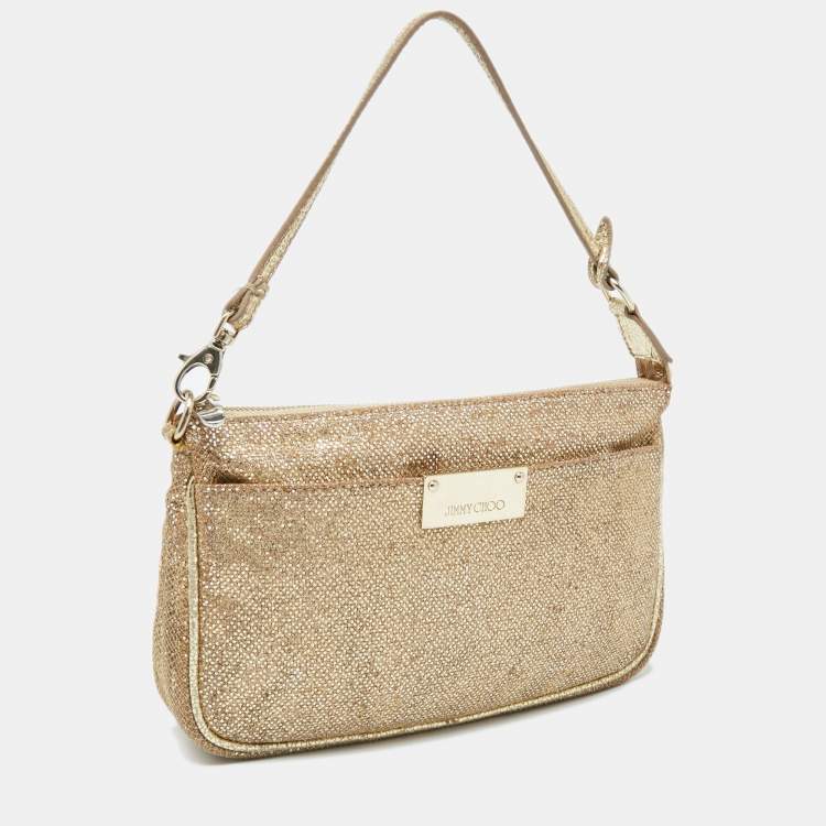 Pre Owned Jimmy Choo Gold Glitter and Mesh Zip Wristlet Clutch Bag