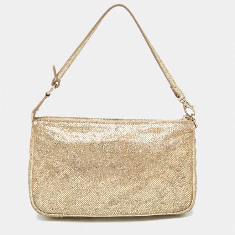Pre Owned Jimmy Choo Gold Glitter and Mesh Zip Wristlet Clutch Bag