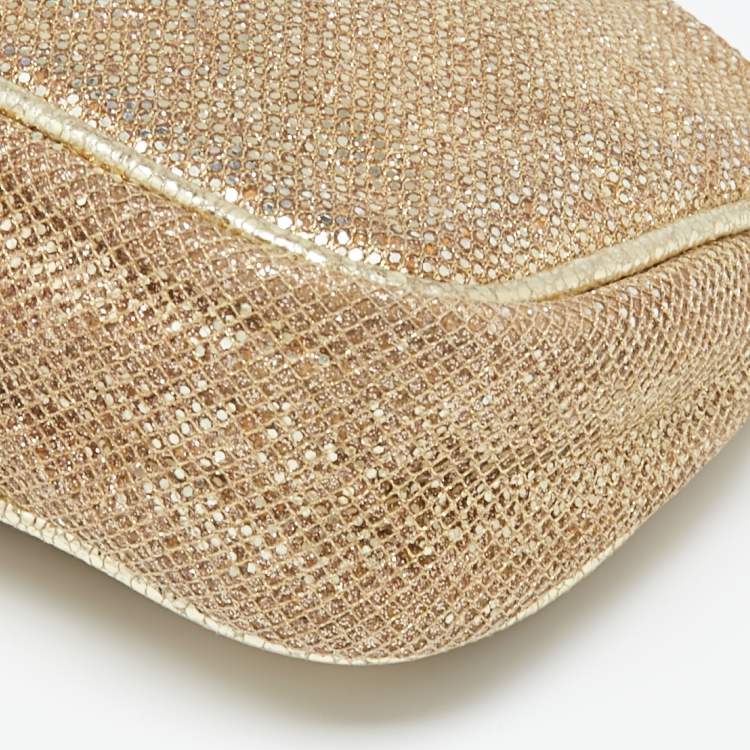 Pre Owned Jimmy Choo Gold Glitter and Mesh Zip Wristlet Clutch Bag