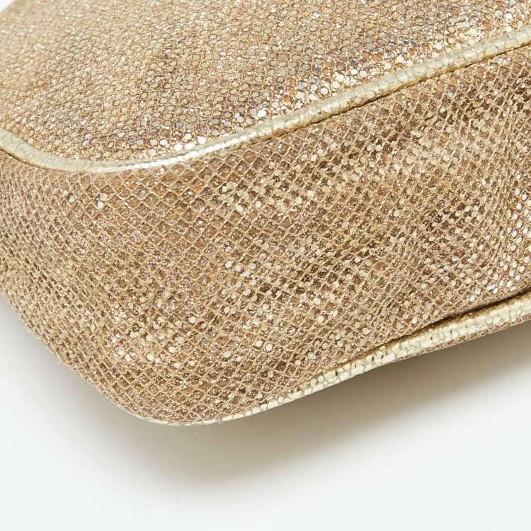 Pre Owned Jimmy Choo Gold Glitter and Mesh Zip Wristlet Clutch Bag