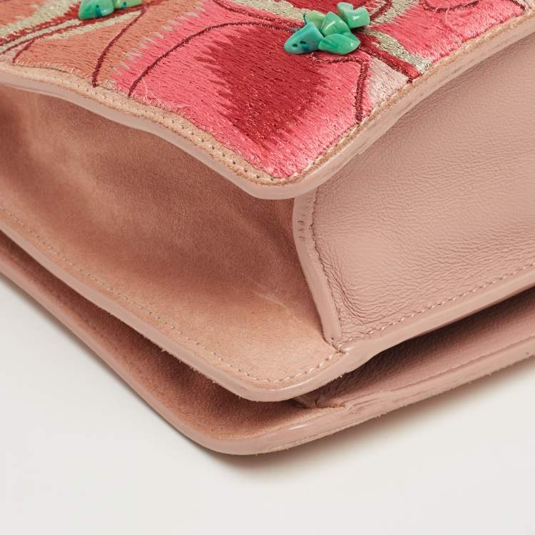 Pre Owned Jimmy Choo Dusty Pink Floral Embroidered Suede and Leather Riley Tote