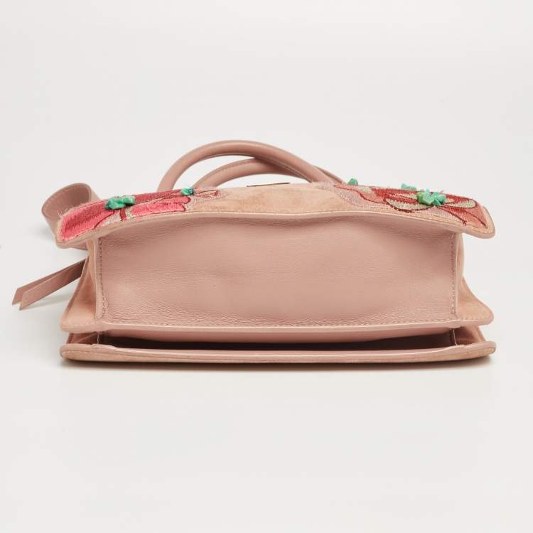 Pre Owned Jimmy Choo Dusty Pink Floral Embroidered Suede and Leather Riley Tote