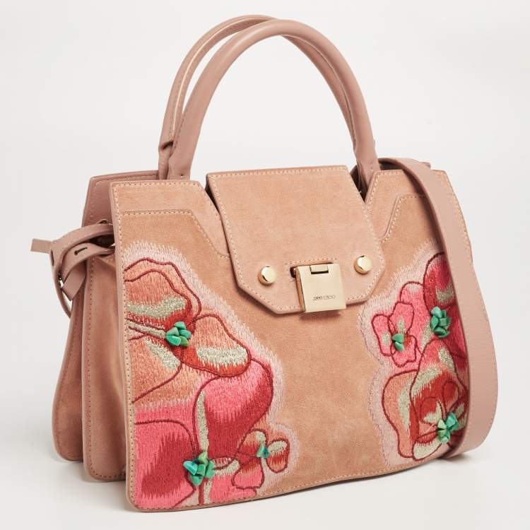Pre Owned Jimmy Choo Dusty Pink Floral Embroidered Suede and Leather Riley Tote