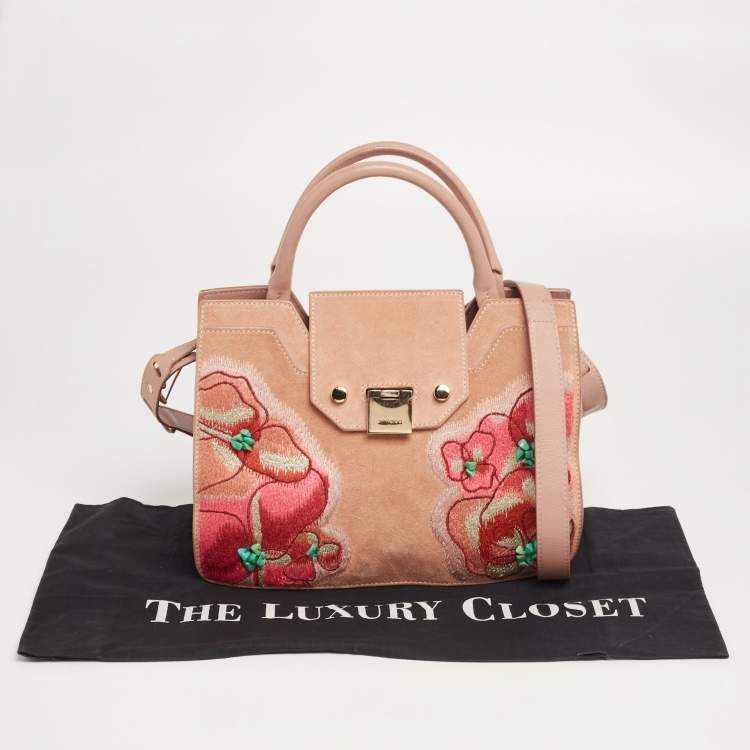 Pre Owned Jimmy Choo Dusty Pink Floral Embroidered Suede and Leather Riley Tote