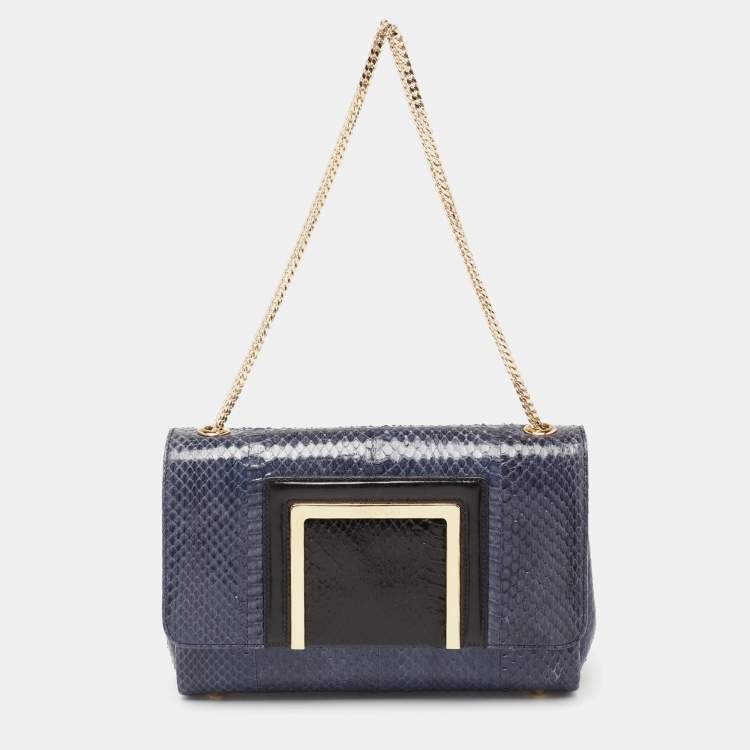 Pre Owned Jimmy Choo Blue/Black Snakeskin and Leather Trim Alba Shoulder Bag