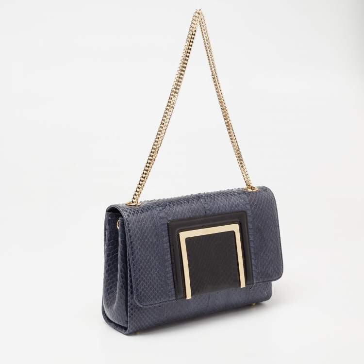 Pre Owned Jimmy Choo Blue/Black Snakeskin and Leather Trim Alba Shoulder Bag