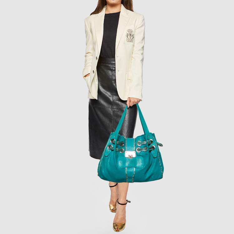 Pre Owned Jimmy Choo Turquoise Embossed Suede and Snakeskin Trim Riki Tote