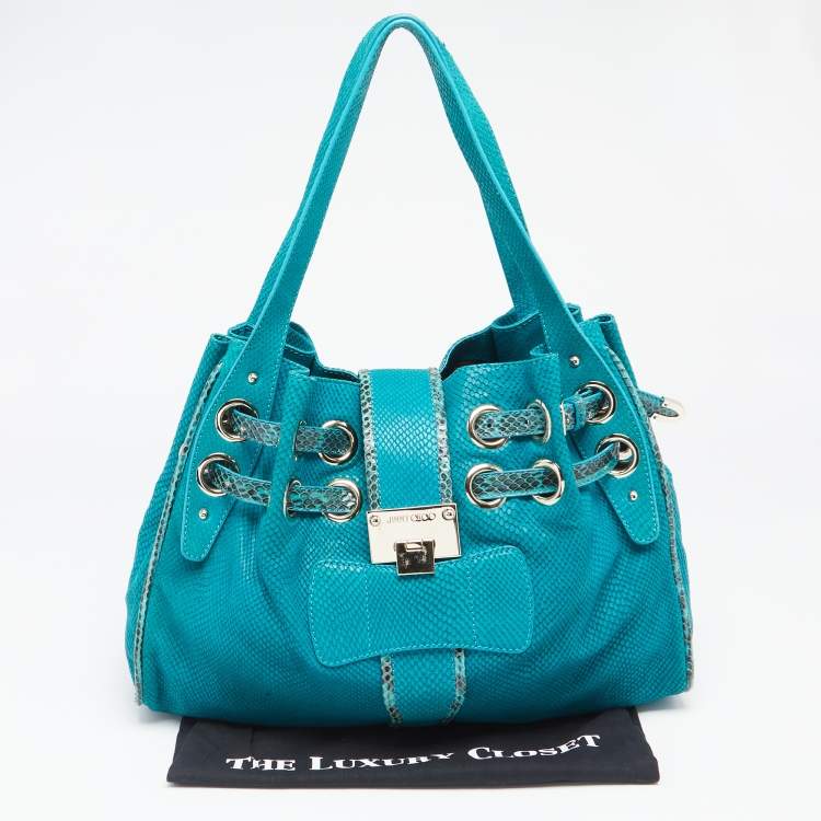 Pre Owned Jimmy Choo Turquoise Embossed Suede and Snakeskin Trim Riki Tote