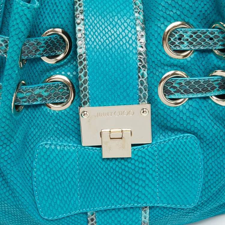 Pre Owned Jimmy Choo Turquoise Embossed Suede and Snakeskin Trim Riki Tote