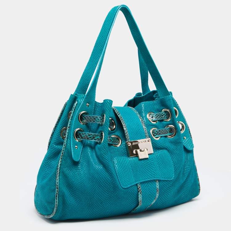 Pre Owned Jimmy Choo Turquoise Embossed Suede and Snakeskin Trim Riki Tote