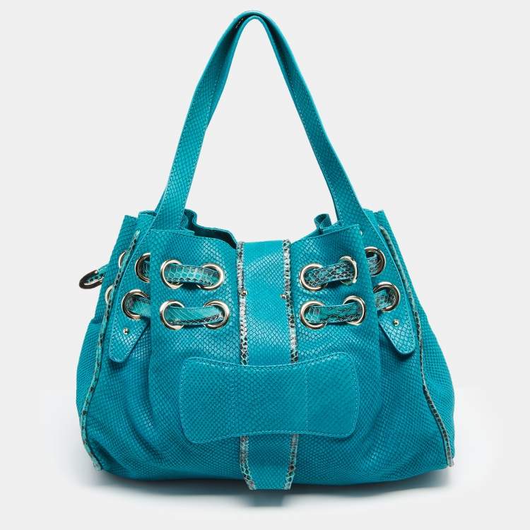 Pre Owned Jimmy Choo Turquoise Embossed Suede and Snakeskin Trim Riki Tote