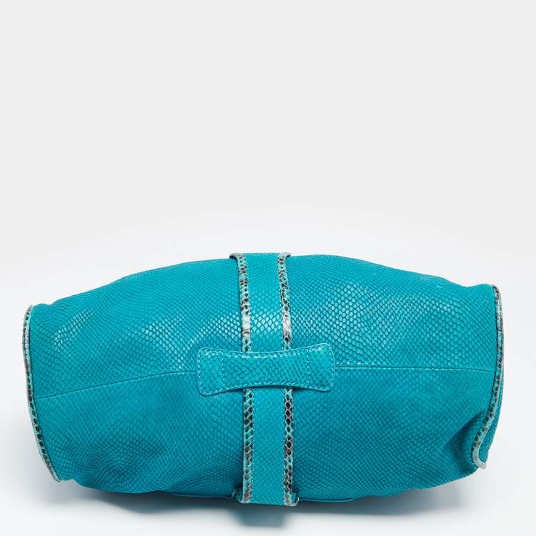 Pre Owned Jimmy Choo Turquoise Embossed Suede and Snakeskin Trim Riki Tote