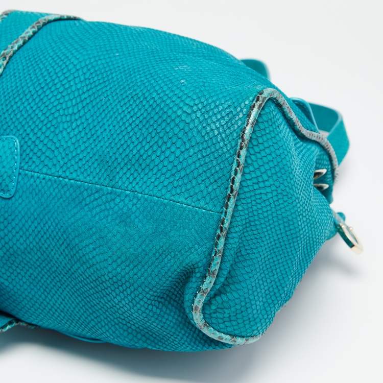 Pre Owned Jimmy Choo Turquoise Embossed Suede and Snakeskin Trim Riki Tote