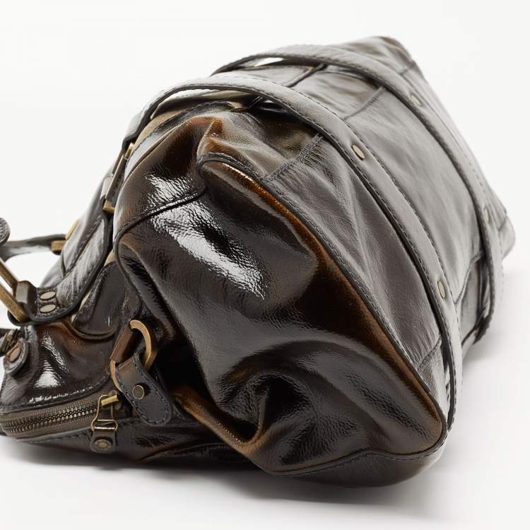 مملوكة مسبقًا Jimmy Choo Dark Brown/Green Patent Leather and Suede Malena Satchel