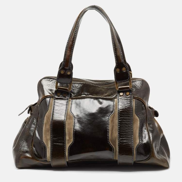 مملوكة مسبقًا Jimmy Choo Dark Brown/Green Patent Leather and Suede Malena Satchel