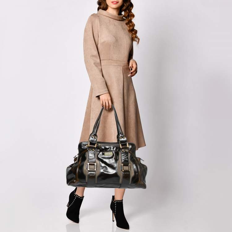 مملوكة مسبقًا Jimmy Choo Dark Brown/Green Patent Leather and Suede Malena Satchel